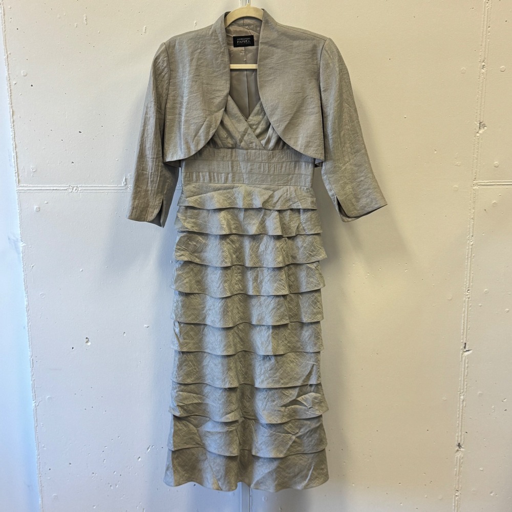 Adrianna Papell‎ Silver Metallic Tiered Ruffle Dress & Bolero Jacket Set Size 2